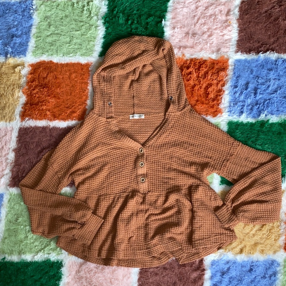 Carole Christian Orange Brown Waffle Knit Hoodie Sweater